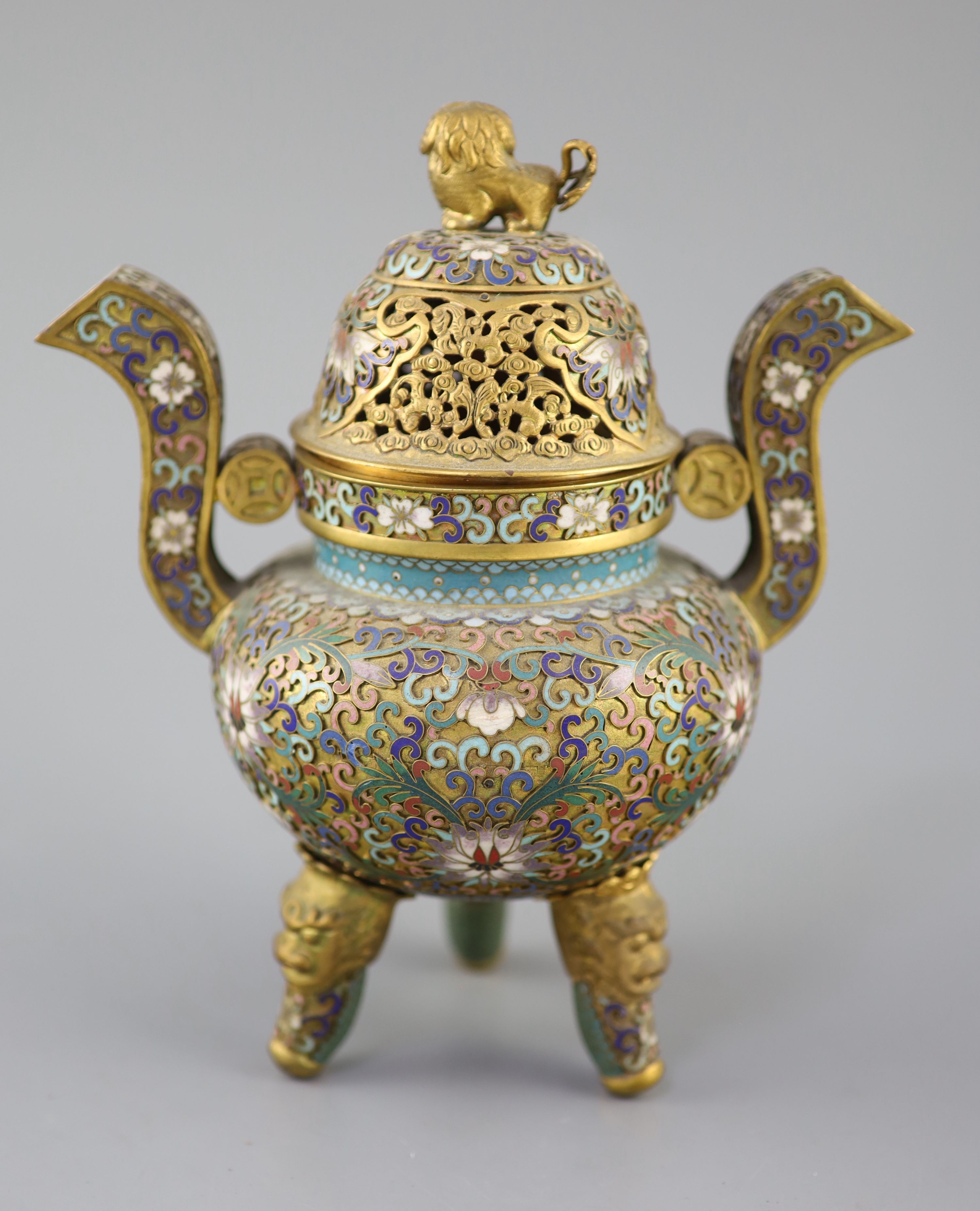 A Chinese cloisonne enamel and gilt copper tripod censer, early Republic period, c.1920, 21.5cm high